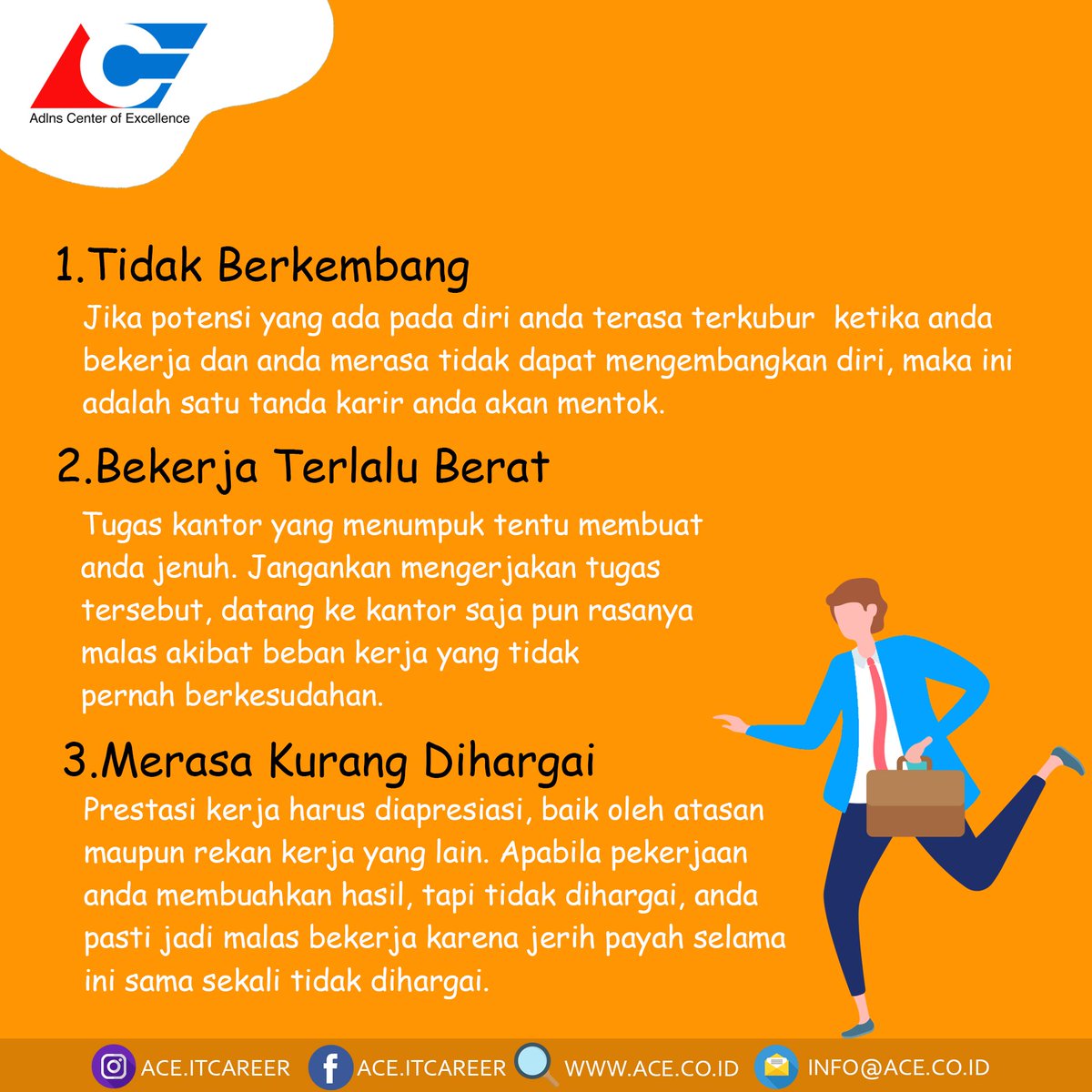 ACE_ITCareer's tweet photo. Halo sobat ACE, merasa karier kamu disitu situ ajaa?karier yang tidak menunjukkan tanda-tanda kemajuan perlu dikoreksi dengan jeli. Kondisi ini bisa saja sebagai pertanda bahwa karier kamu sudah mentok lho! Apa saja sih tanda tanda karier mentok? yuk disimak~

#ace #acehr #tips https://t.co/q1MeeZudIp