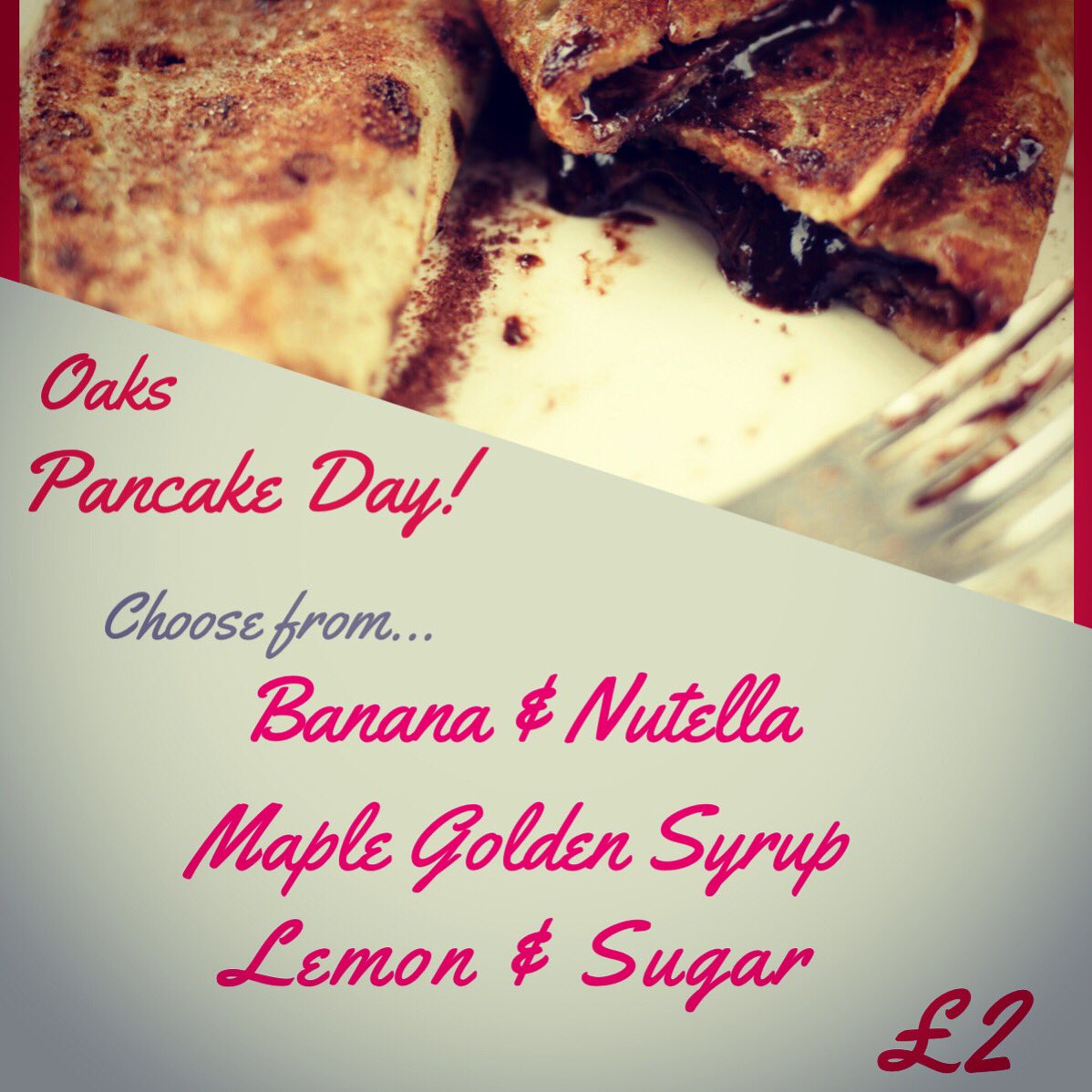 Happy Pancake Day! We’ll be flipping pancakes for you all day in Oaks, don’t miss out on yours! 
#pancakes #midkent #oaks #maidstone #nutella #syrup #lemon #sugar
