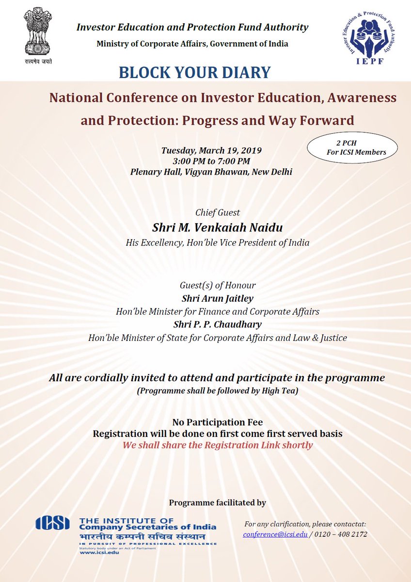 icsi_cs's tweet photo. #BlockYourDiary National Conference on #InvestorEducation, #Awareness and #Protection: Progress and Way Forward @IEPFAuthority @RanjeetPandeyCS @dixit1965 @FinMinIndia https://t.co/na7ejabqQj
