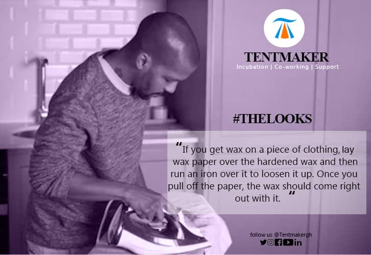 TentmakerGhana's tweet photo. #TuesdayMotivation #TheLook 

On getting wax off your clothing >>> practice laying wax paper over the hardened wax and then run an iron over to loosen it up.

#TheLooks #MensEdition #TentmakerGhana #TheSolutionHub #MarchEdition https://t.co/wa3cUQBGEC