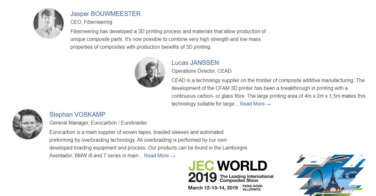 Disruptive cost reduction production is key to our Dutch solutions in composites. We are happy to announce some fine and interesting speakers on #JECWorld2019, during the #CountryonStage program! <a href="/ceadgroup/">Ceadgroup</a> <a href="/Fiberneering/">Fiberneering</a> and Eurocarbon. Read more here: jecworld2019.sched.com/event/JjTz/com…