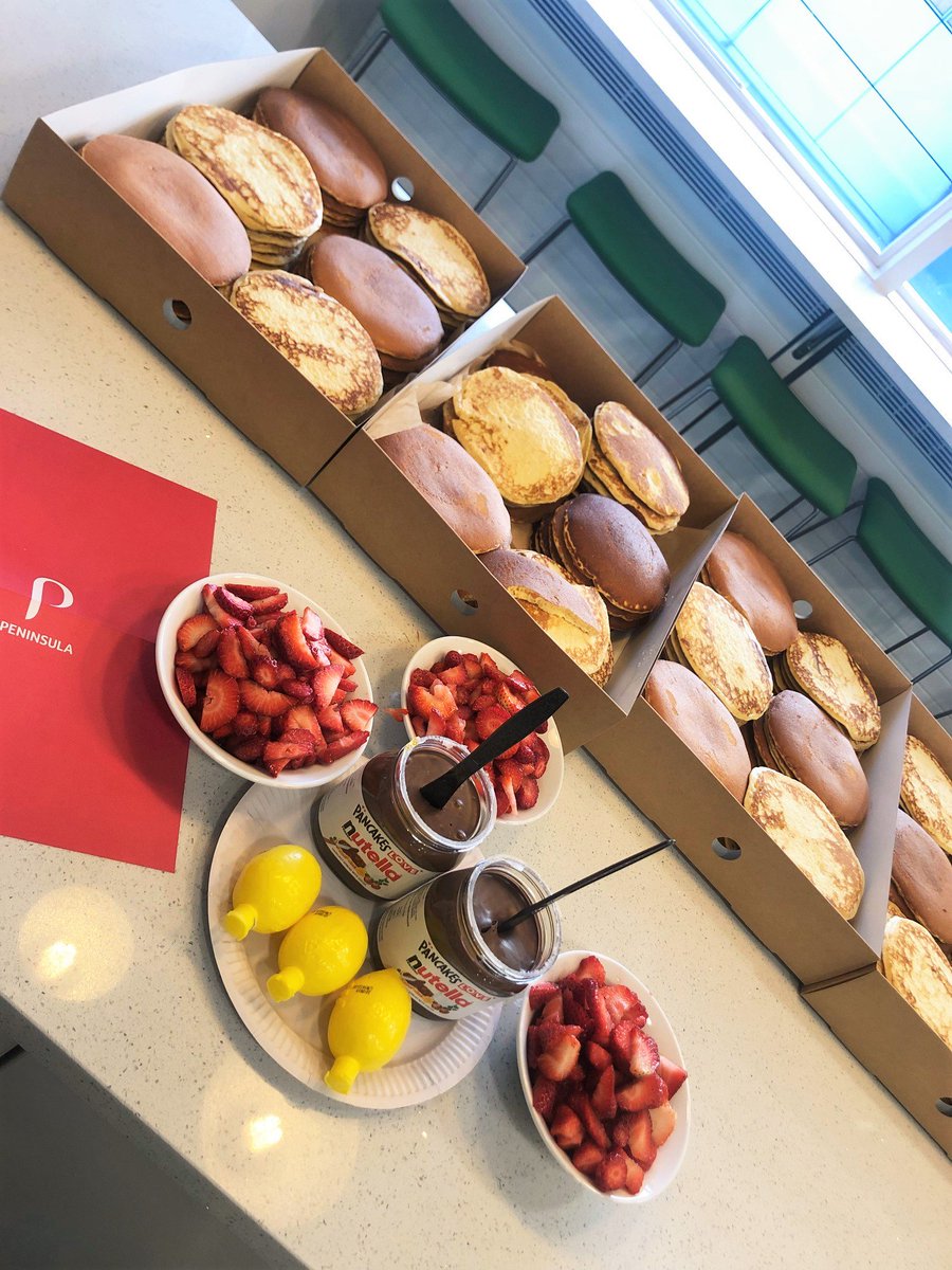Happy #PeninsulaPancakeTuesday! 👅

Shout out to <a href="/KrustBakery/">Krüst Bakery</a> delivering the goods and keeping our employees happy on this fabulous day celebrating the humble pancake! 

What toppings are best?