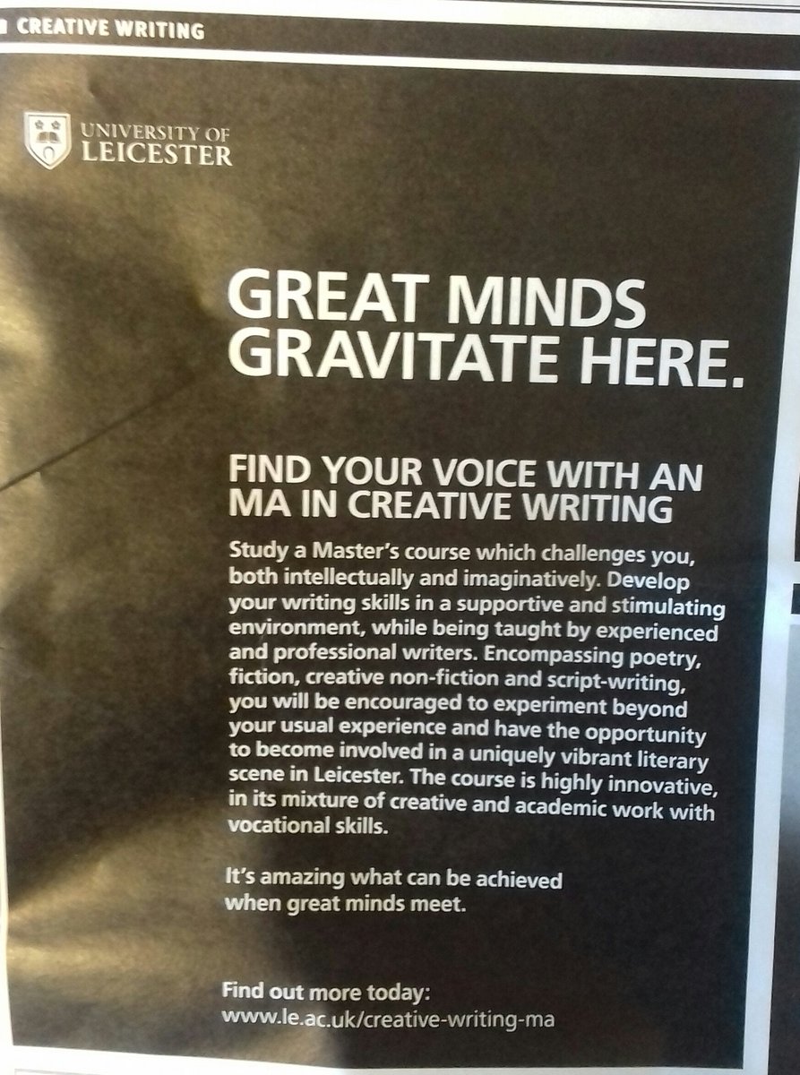 crystalclearjt's tweet photo. Ad for the MA in Creative Writing @uniofleicester in this week's London Review of Books @LRB @UoLEnglish @Arts_UoL @LeicesterCSSAH @UoLNewsCentre #maincreativewriting #creativewriting #amwriting https://t.co/a4IPvn66F2 https://t.co/2gI9o6ThOR