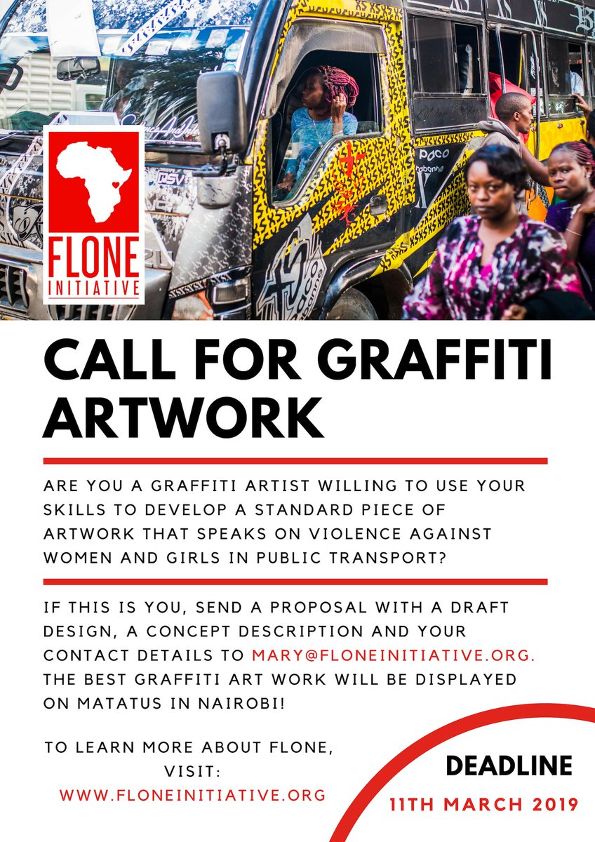 Flone Initiative #Gender&DisabilityInclusion (@floneinitiative) on Twitter photo Are you a graffiti artist willing to use your skills to develop a standard piece of artwork that speaks about violence against women and girls in public transport?
<a href="/FloNeInitiative/">Flone Initiative #Gender&DisabilityInclusion</a> is looking for you!
See the poster below for details.
#IkoKaziKE #IWD2019 Are you a graffiti artist willing to use your skills to develop a standard piece of artwork that speaks about violence against women and girls in public transport?
<a href="/FloNeInitiative/">Flone Initiative #Gender&DisabilityInclusion</a> is looking for you!
See the poster below for details.
#IkoKaziKE #IWD2019