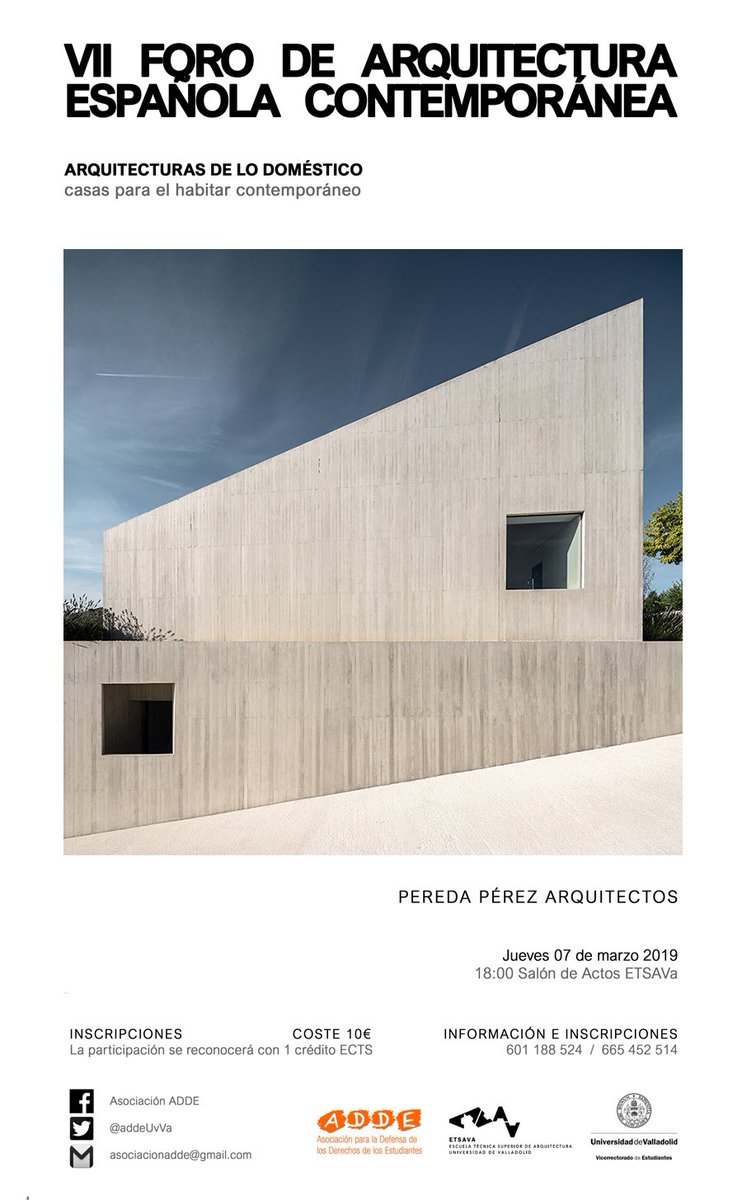 carlos_pereda_'s tweet photo. VII Foro de Arquitectura Española Contemporánea
| habitar lo doméstico |
Valladolid W | 07.03.19 D | 18,00 H |
#ETSAVA
#Valladolid
#arquitectura
#architecture
#peredapérezarquitectos
#lecture
@ETSAValladolid @addeUVa https://t.co/eo2K4p4QlF