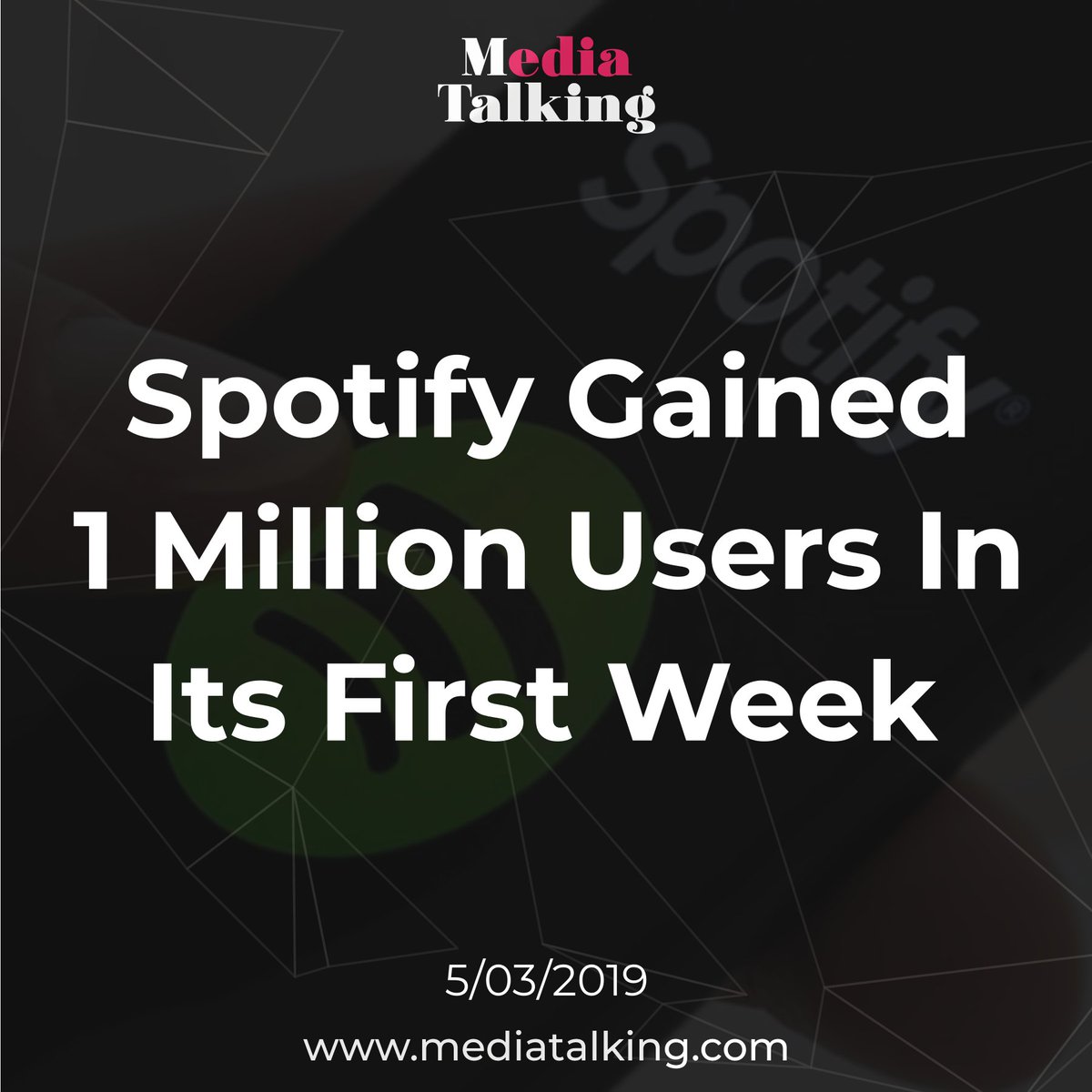 MediaTalkingIN's tweet photo. Spotify Gained 1 Million Users in its First Week...ReadMore..https://t.co/33jxr3Ph7o @spotify #music #gaana #musicworld #million #user #welcome #streams #regionalism #musicality #globalization #telugu #punjabi #tamil #localization #digitalmarketing #media #talking #mediatalking https://t.co/SSQjkS3miA