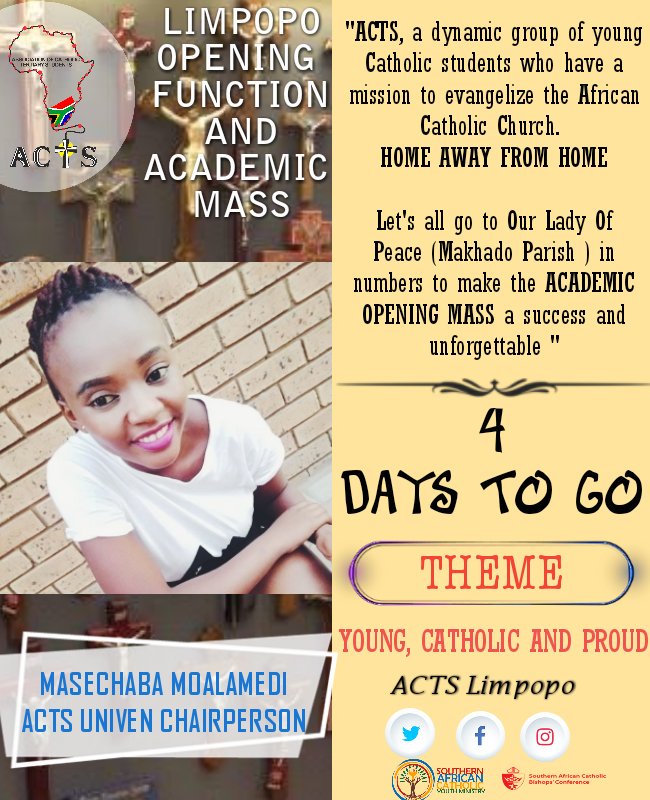 Acts_Limpopo's tweet photo. 4 DAYS TO GO!!! ACTS UNIVEN Chairperson and Provincial Liturgical and Evangelization officer, Masechaba Moalamedi urges all to go to Makhado Parish in numbers for the opening function and academic mass
#provincialopening
#catholicsoncampus
#faithinaction
#goclean19 https://t.co/HULgGx2Wpl