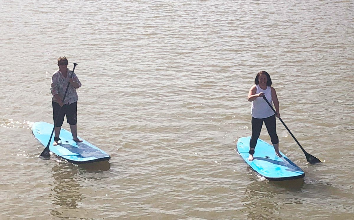 ICPAFed's tweet photo. What a way to begin 2 days of ICPA NSW State Conference in #Buronga on the mighty #MurrayRiver. Fed Councillors Sally Sullivan & Kate Thompson had a quick standup paddleboard before conf starts Wednesday #allstudentsmatter #howluckyarewe https://t.co/3hEutXG1S6