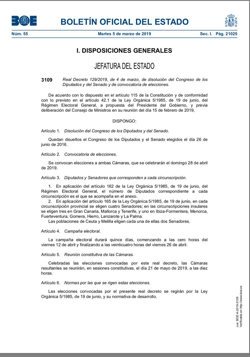 Ya se ha publicado en el BOE el Decreto de Disolución de las Cortes. Volverán a constituirse el 21 de mayo a las 10h
