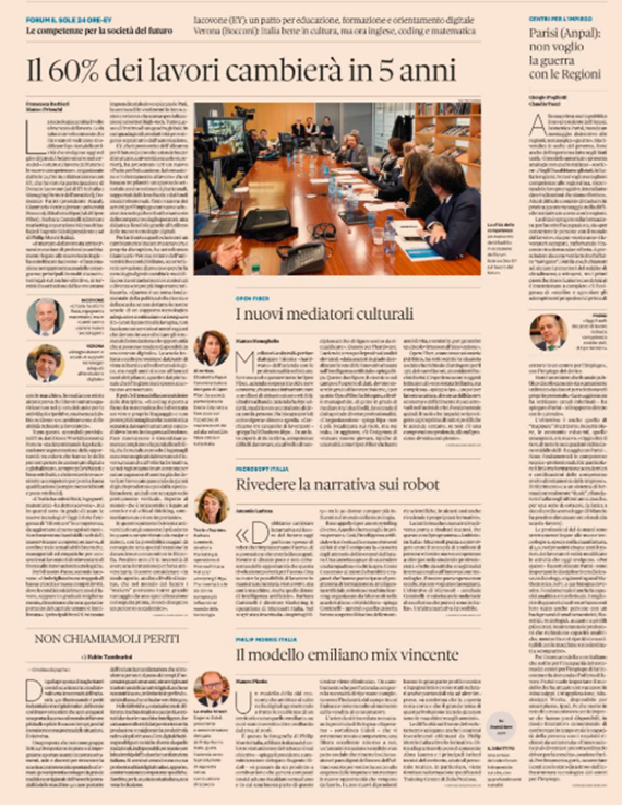 EY_Italy's tweet photo. Il 60% delle professioni cambierà in 5 anni. Sul @sole24ore le proposte #EY su #lavoro e #competenze del futuro: un Patto per l’educazione, la #formazione e l’orientamento #digitale @DonatoIacovone #alleanzaperillavorodelfuturo https://t.co/flPVqyu0GV