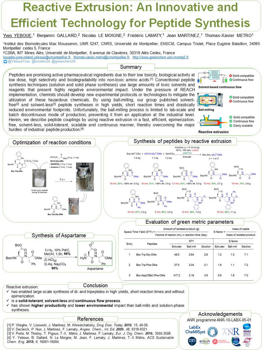 How can #Extruder enable efficient and #sustainable #PeptideSynthesis ? Here the answer: pubs.acs.org/doi/10.1021/ac…
#RSCPoster #RSCEng #mechanochemistry #Continuousflow
@greenchem34 @txmetro34 @labexchemisyst #realtimechem @umontpellier @chimiebalard