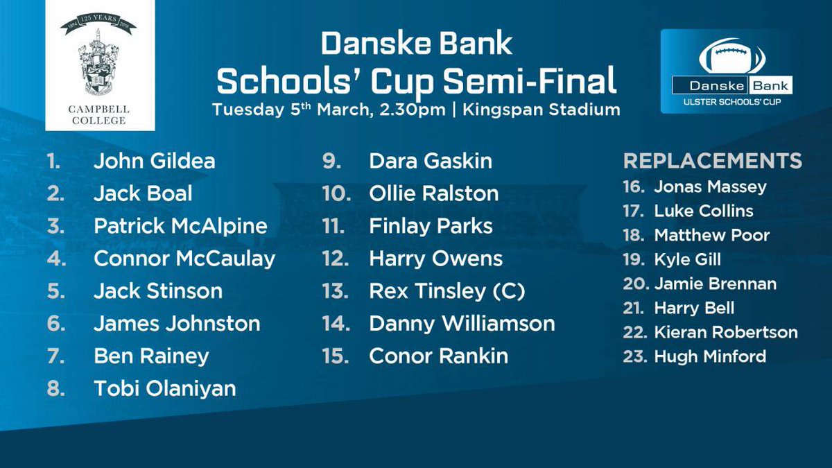 CCBRugbyClub's tweet photo. IT’S MATCH DAY!
🏆 @dbSchools’ Cup Semi Final
🏉 @CampbellCollege v @rsarmagh
📍 Kingspan Stadium
⏰ 2:30pm
📺 @UlsterRugby Facebook Page
#COYBIB #CCBNation
⚫️⚪️🐗 https://t.co/8NNj9VOgVz