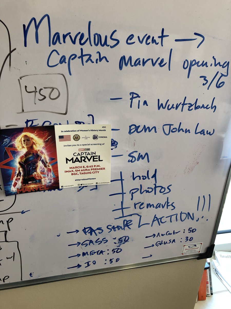 proskamp's tweet photo. Can’t wait for #MarvelousWomen event tomorrow night w/ @PiaWurtzbach for special screening of @captainmarvel! Team hard at work on final program touches. #WhiteboardDiaries cc: @USEmbassyPH https://t.co/DFDRaMqBpk