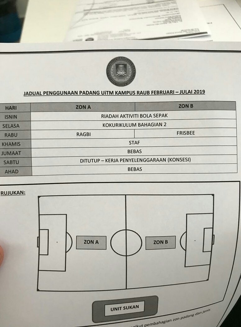 jspuitmraub_'s tweet photo. Terkini : Berikut adalah jadual penggunaan padang UiTM Kampus Raub bagi Februari - Julai 2019. 

Diharapkan mahasiswa dapat mengambil perhatian dan memberikan kerjasama terhadap penggunaan padang ini. https://t.co/7yqnZJESlb