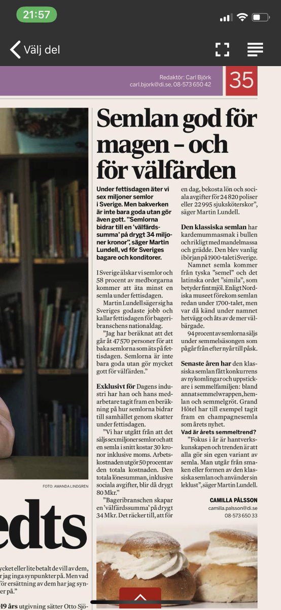 Idag är det bagarnas högtidsdag, fettisdagen. 58% kommer äta minst en semla. Ät gott och gör gott! Skatteintäkterna från semlorna finansierar 24820 poliser eller 22995 sjuksköterskor. Tack alla bagare! #4av5jobb #välfärdsskaparna #bagare