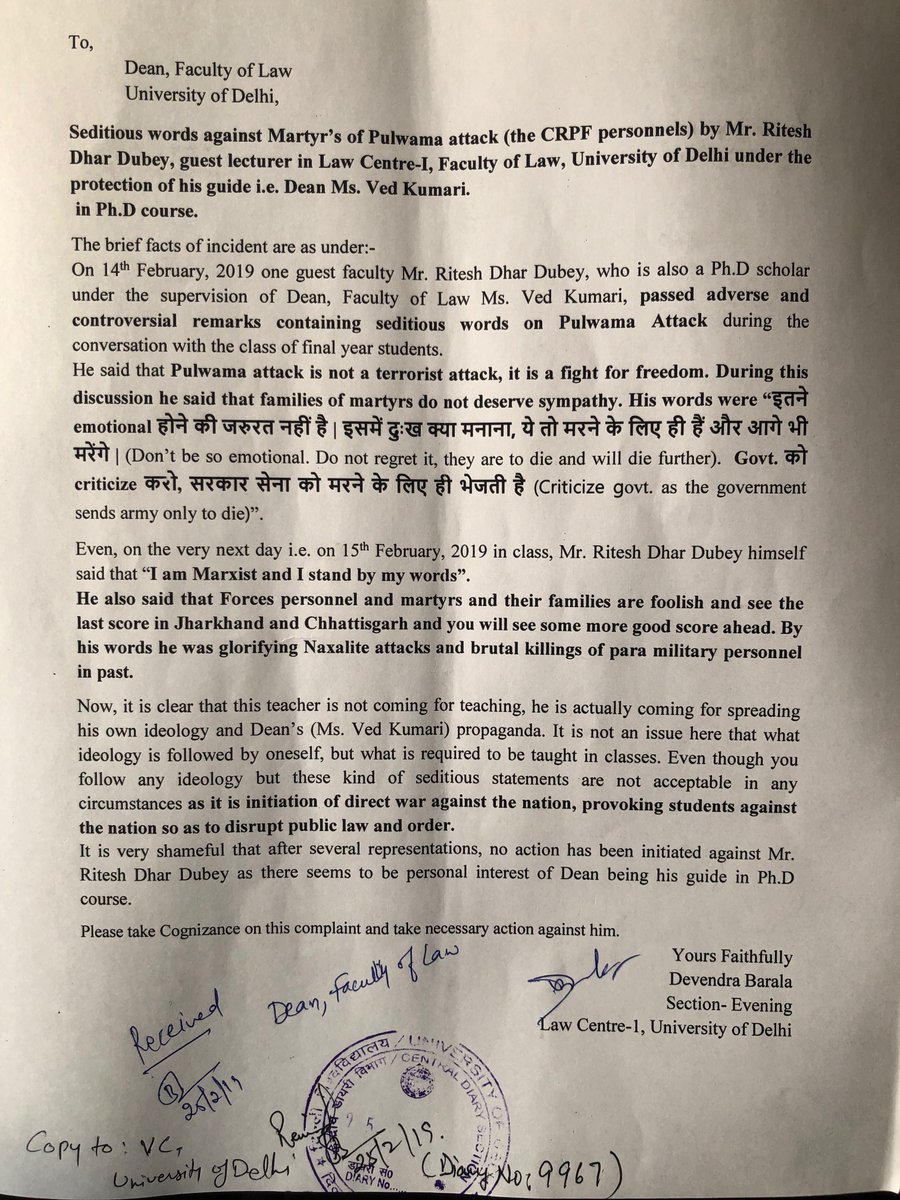 DevendraBarala's tweet photo. #PulwamaAttack
#RemoveTraitorsFromDU
You (Ritesh Dhar Dubey) can make any statement in media, but Truth will prevail & it is not me who is fighting with u and ur gang of #UrbanNaxals but whole eve section of Law Centre1 & all responsible citizens of India are there to support us. https://t.co/mYNi5J7r4h