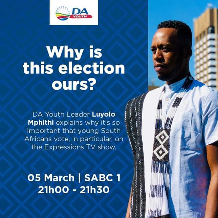 DAYouthEC's tweet photo. Join DA Federal Youth Leader @LuyoloMphithi Etv Expressions TV Show at 21h00 - 21h30 as he stresses the importance of the youth vote in the upcoming 2019 general elections.

#DA100DaysInoffice https://t.co/kAjotc7uRI