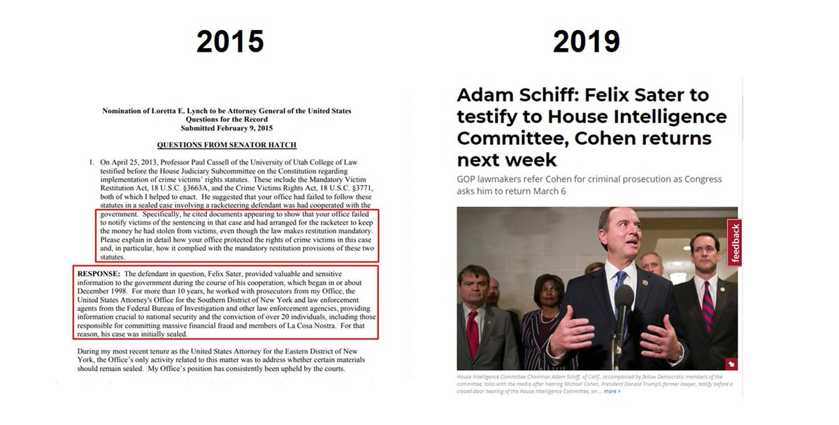 107) FEBRUARY: DOJ confronted about Sater. Loretta Lynch is asked about Sater's unconstitutional waiver of $40m in victim restitution during confirm testimony p142. Government affirms its protection of Felix. His impending March 2019 testimony looms. https://twitter.com/MonsieurAmerica/status/1037427810313228288