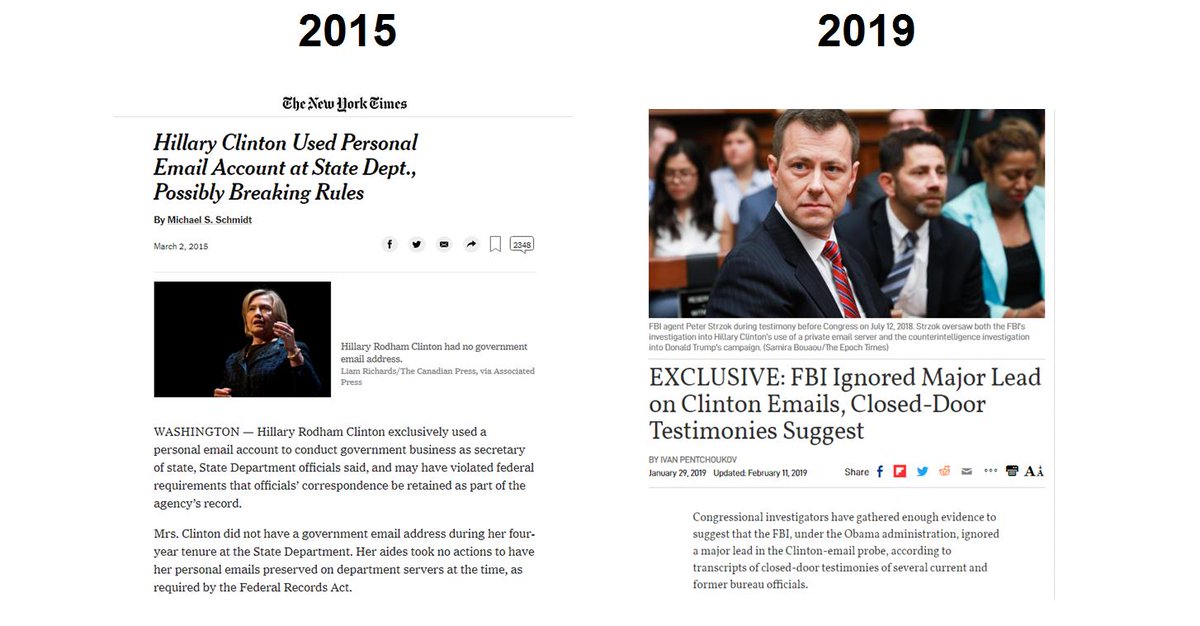 108) MARCH: Clinton’s Gross Negligence Breach Revealed. NYT first reveals Clinton exclusively used personal email to conduct all of her business at State. Issues pertaining to FBI conduct surrounding the case will continue to unravel throughout 2019. https://www.theepochtimes.com/exclusive-fbi-ignored-major-lead-on-clinton-emails-closed-door-testimonies-suggest_2782019.html