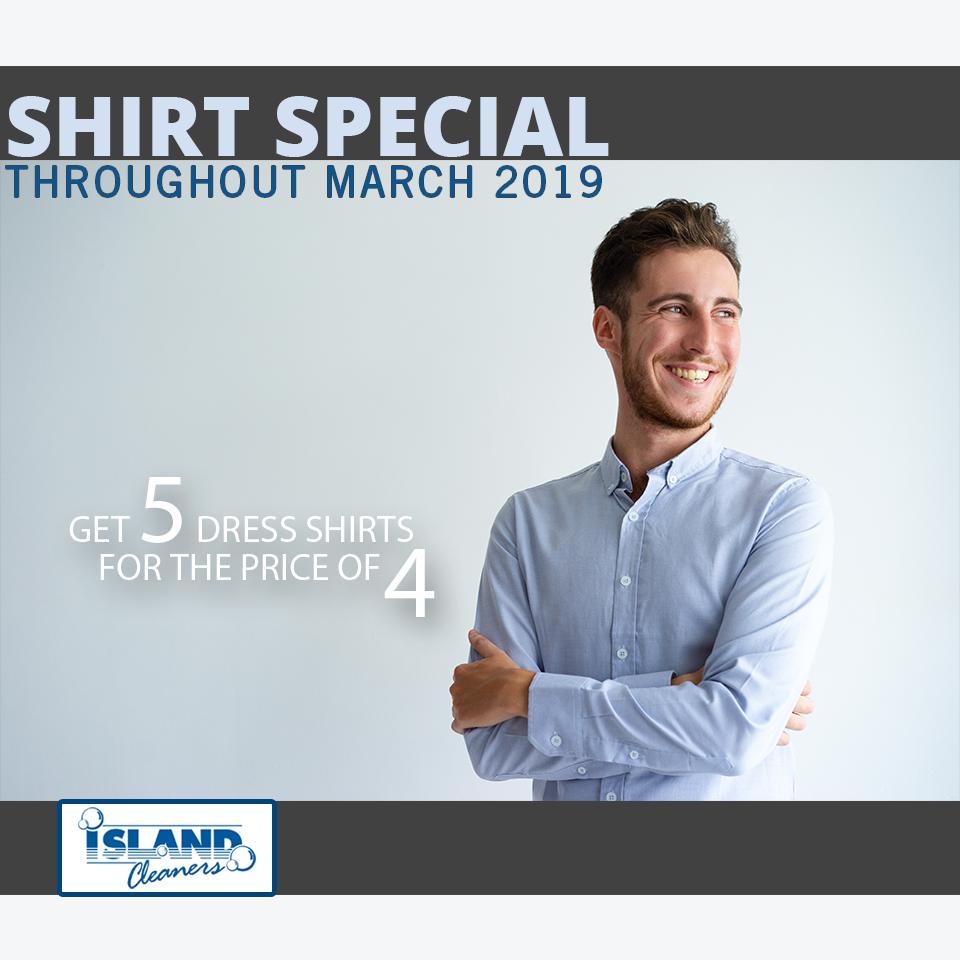 CleanersIsland's tweet photo. Bring any 5 or more men's dress shirts and get one cleaned FREE.  Hurry the special ends March 31st, 2019 #IslandCleaners #MarchSpecial #DressShirts https://t.co/fFYj0SPOBt