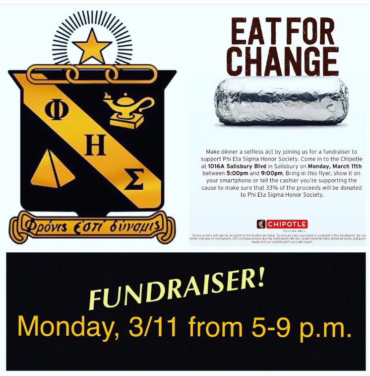 We are partnering with Phi Eta Sigma Honor Society in a Chipotle fundraiser to support the food pantry! YOU MUST TELL THE CASHIER THAT YOU'RE THERE FOR PHI ETA SIGMA when you purchase your food!