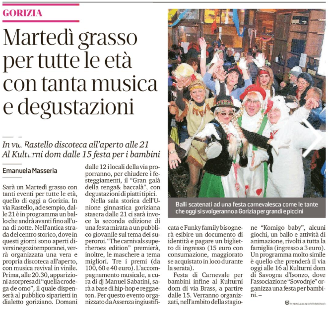 Stasera, in via Rastello dalle 21 - Discoteca nella via, tra i tanti locali aperti per l'occasione!

#viviRastello #CarnevaleinRastello #CarnevaleGoriziano