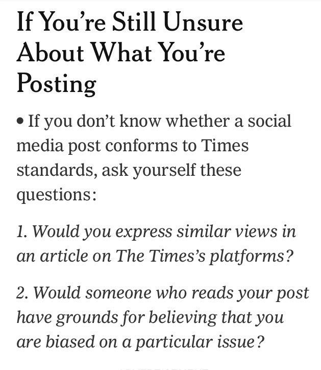 JochenBittner's tweet photo. Die New York Times hat Twitter-Regeln für ihre Redakteure formuliert, um eine Grenze zu ziehen zwischen Journalismus und Aktivismus.
Darüber sollte unsere Branche in Deutschland auch mal nachdenken. https://t.co/B3GuZSzZrQ