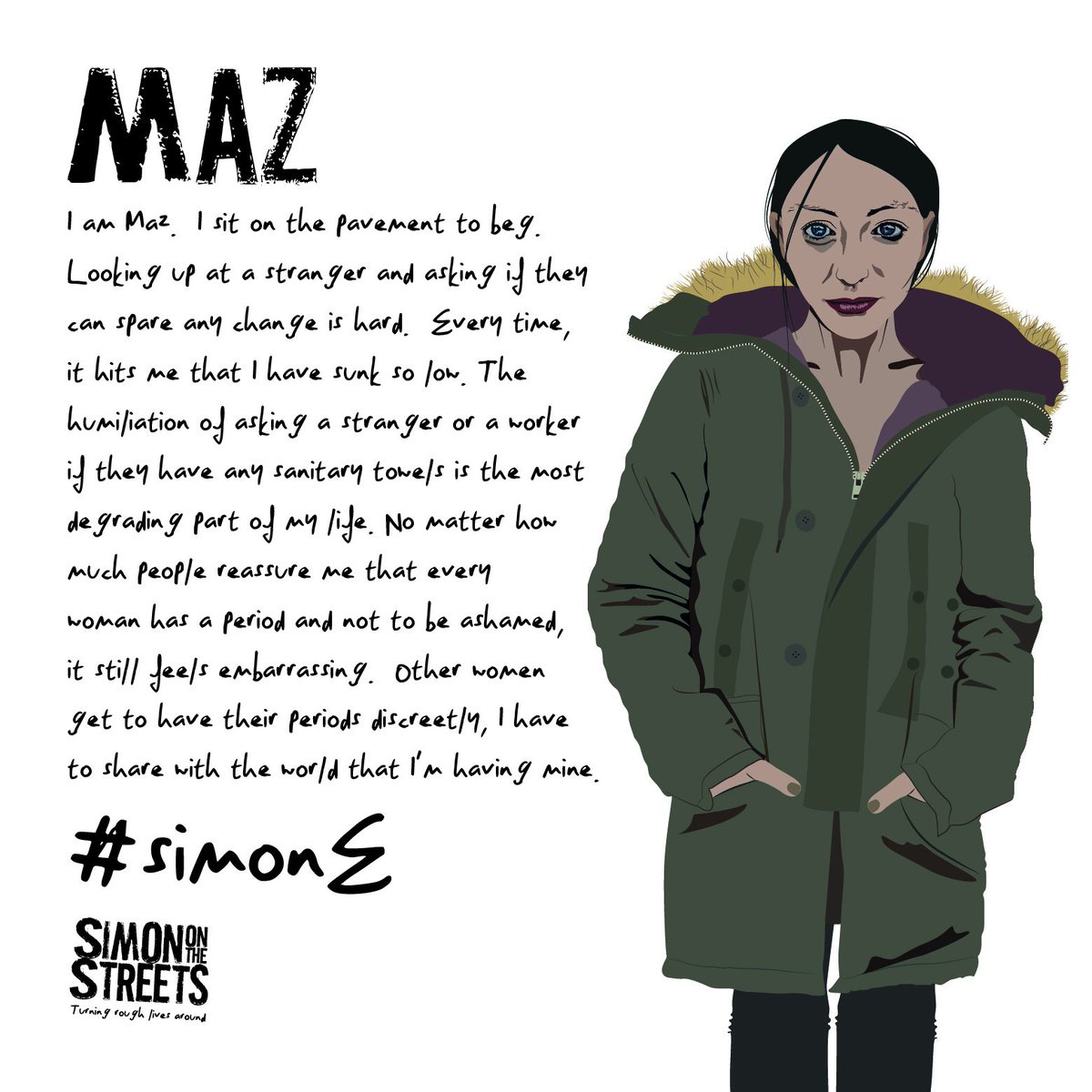 simonotstreets's tweet photo. Today, Maz shares her story about the humiliation she feels menstruating whilst sleeping rough.
#simoneonthestreets
3/8 https://t.co/I0PsKJkze5