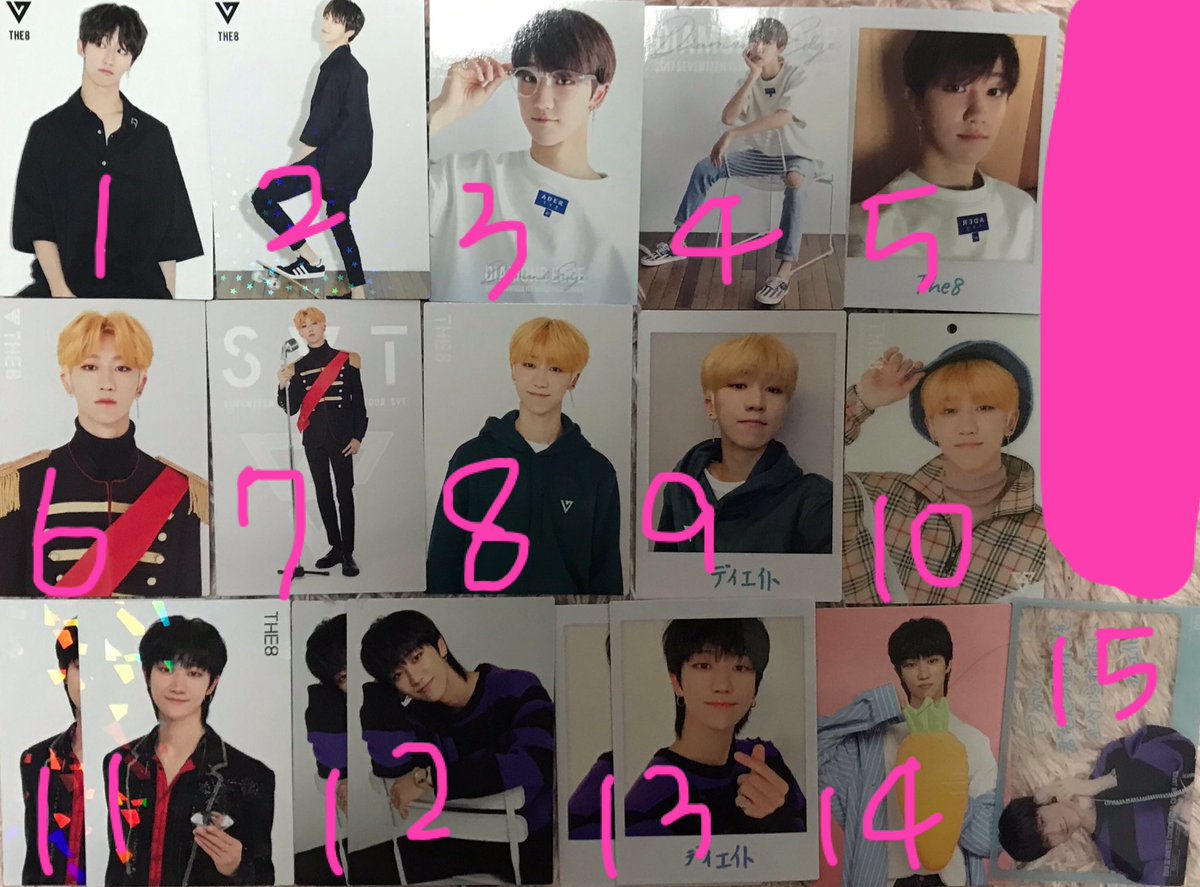 svtt17's tweet photo. 【譲】
ディエイト ミョンホ ミンハオ 画像のもの

【求】
固定ツイートのもの or 買取

買取の場合は希望額を提示の上、DMお願い致します。

#セブチ #SEVENTEEN #交換 #買取 #トレカ https://t.co/B702bmgLYL