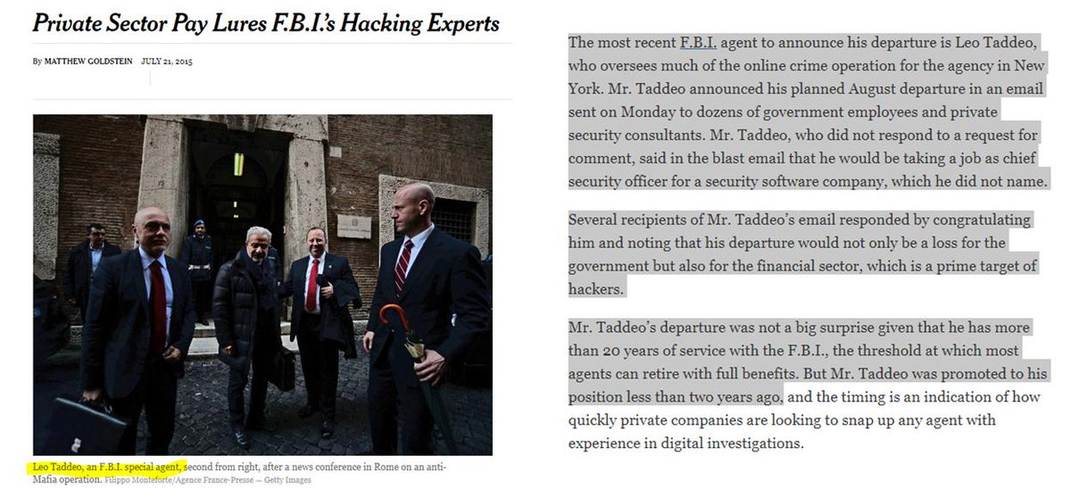 122) I wonder what Taddeo is up to in JULY 2015? Oh. Right after the FBI opened up its case into Clinton’s email server in JULY 2015, the Special Agent in Charge of the Special Operations/Cyber Division New York Office “left for the private sector.”  http://archive.is/zKBQO#selection-1997.0-2025.245