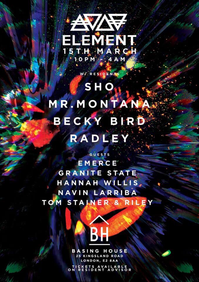 Next up! Excited to be joining the Element crew at <a href="/Basing_House/">Basing House</a> on the 15th of March! 

Tickets on final tier so make sure you grab yours before they sell out 👊👉 residentadvisor.net/events/1214120 - going to be a mad one 🔊🔊🔊