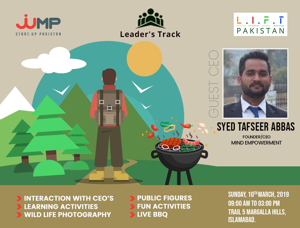JumpStartPk's tweet photo. @JumpStartPk is pleased to announce Tafseer Abbass (CEO Mind Empowerment)in our upcoming event Leader's Track.Its a great pleasure to have such a great mentor and successful entrepreneur between us in our hiking event
#LeadersTrack
#JumpstrartPakistan
Link:https://t.co/p7DcJTQEdE https://t.co/QR2XaDFcU2