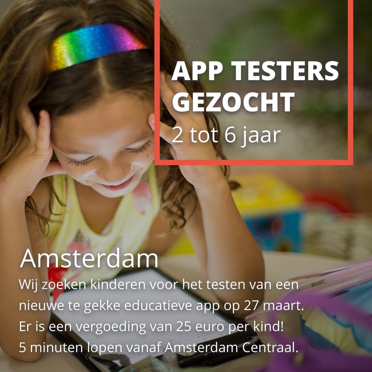 App #Testers gezocht! 

Lijkt het jou leuk om samen met jouw kind mee te werken aan de ontwikkeling van een nieuwe te gekke educatieve app voor kinderen? Dan zijn we opzoek naar jou! Zie jij dit wel zetten? Meld je dan aan of vraag meer informatie aan Sammy via cohn@d-tt.nl