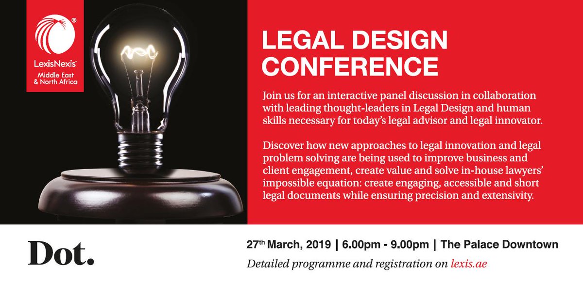 LexisNexis_ME's tweet image. LEGAL DESIGN CONFERENCE | 27 March, 2019, 6:00-9:00pm | Dubai
@LexisNexis and Dot. Legal Design are excited to bring Legal Design to the Middle East!
Further information and registration here: lnkd.in/e32cmHv