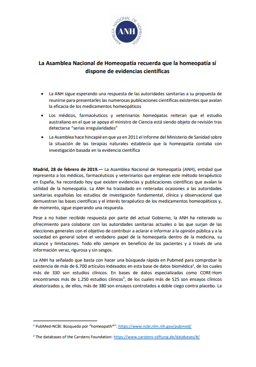 HomeopatiaSuma's tweet photo. [COMUNICADO OFICIAL] La Asamblea Nacional Homeopatía (ANH) insiste, existen evidencias y publicaciones científicas que avalan la utilidad de la homeopatía e insta a @sanidadgob a mantener una reunión en beneficio de los pacientes y profesionales sanitarios https://t.co/WZaLqxFbs7 https://t.co/Zk6kitDeo3