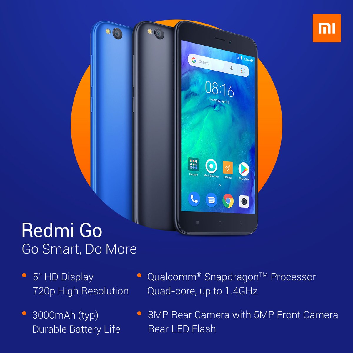RedmiIndonesia's tweet photo. Kalao masih ada keluarga kamu yang pake hape jadul, kenalin sama #RedmiGo. Biar mereka bisa nikmati prosesor Qualcomm Snapdragon, layar HD 5", baterai 3000mAh, kamera depan 5MP dan kamera belakang 8MP.

#mendingresMI #RedmiGo https://t.co/d17OoWvEKp