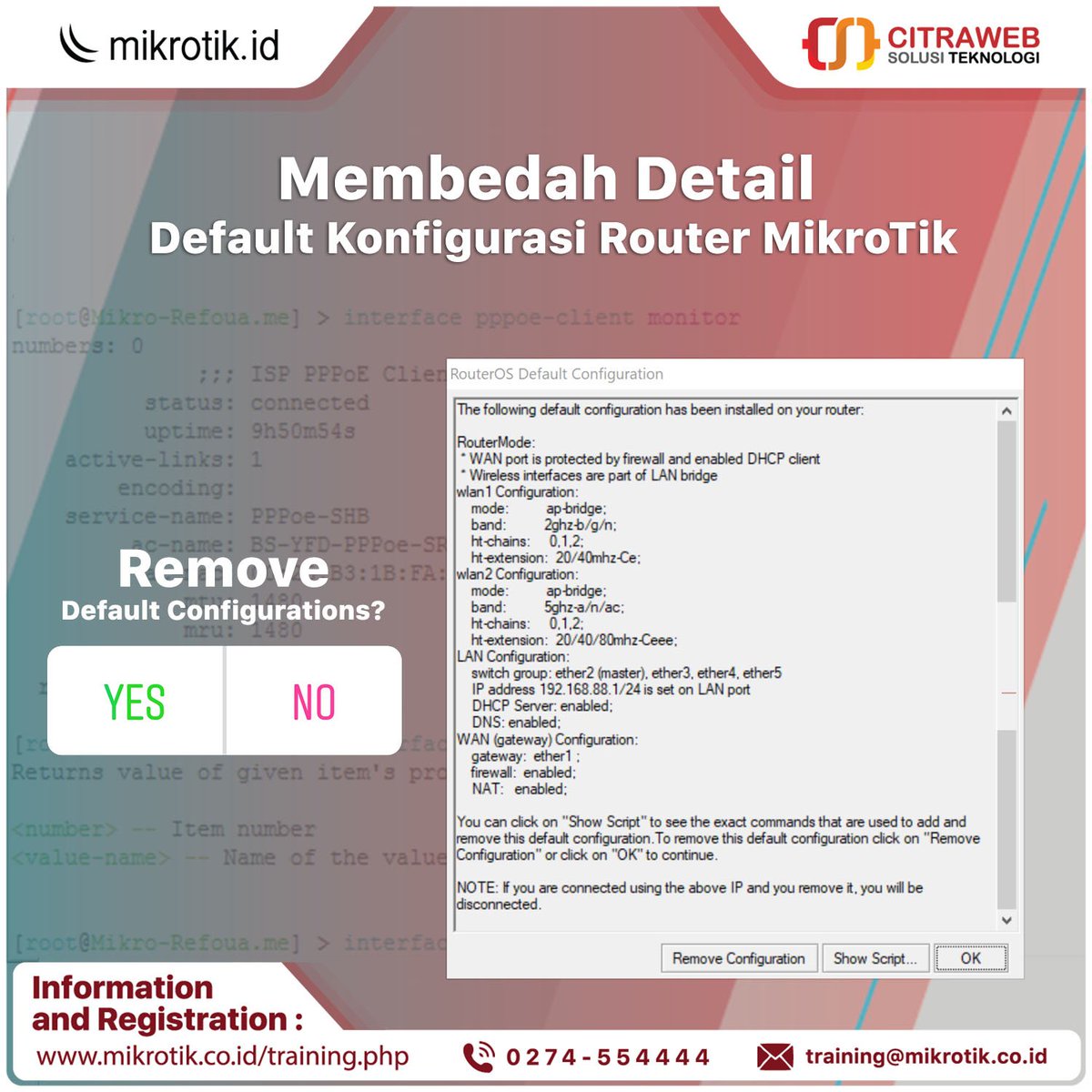 mikrotik_id's tweet image. Penasaran tentang detail apa saja yang ada pada Default Configuration Router Mikrotik?
Simak pembahasan selengkapnya pada artikel kami di:
mikrotik.id/artikel_lihat.…

#DefaultConfiguration #ScriptMikrotik #SettingMikrotik #MikrotikTutorial #Mikrotik #MikrotikID #Citraweb #CST