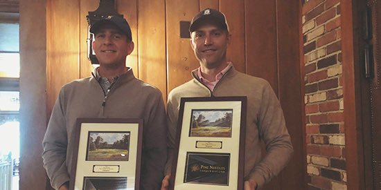 MidAmTruth's tweet image. Check out the smiles on former @AuburnMGolf Brett Boner &amp;amp; @SMUGolfM Stephen Woodard from their win @PineNeedlesGolf Invitational. Played over PN &amp;amp; Mid Pines this is a true mid am event. They literally brother-in-law it everywhere!!! #4hoursorless