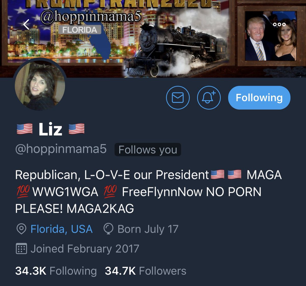 1776PAWlitics's tweet photo. 🚨ATTENTION MAGA ARMY 🚨 💥💥This awesome friend and feisty conductor of the #GWG #MAGAexpress is headed FAAAST towards achieving the YUGE milestone of 35,000 followers‼️💥💥💥 Please follow @hoppinmama5 and retweet‼️ ~~and let’s PUSH HER OVER THE LINE‼️💥💥💥 https://t.co/Dfgd8PZRRd