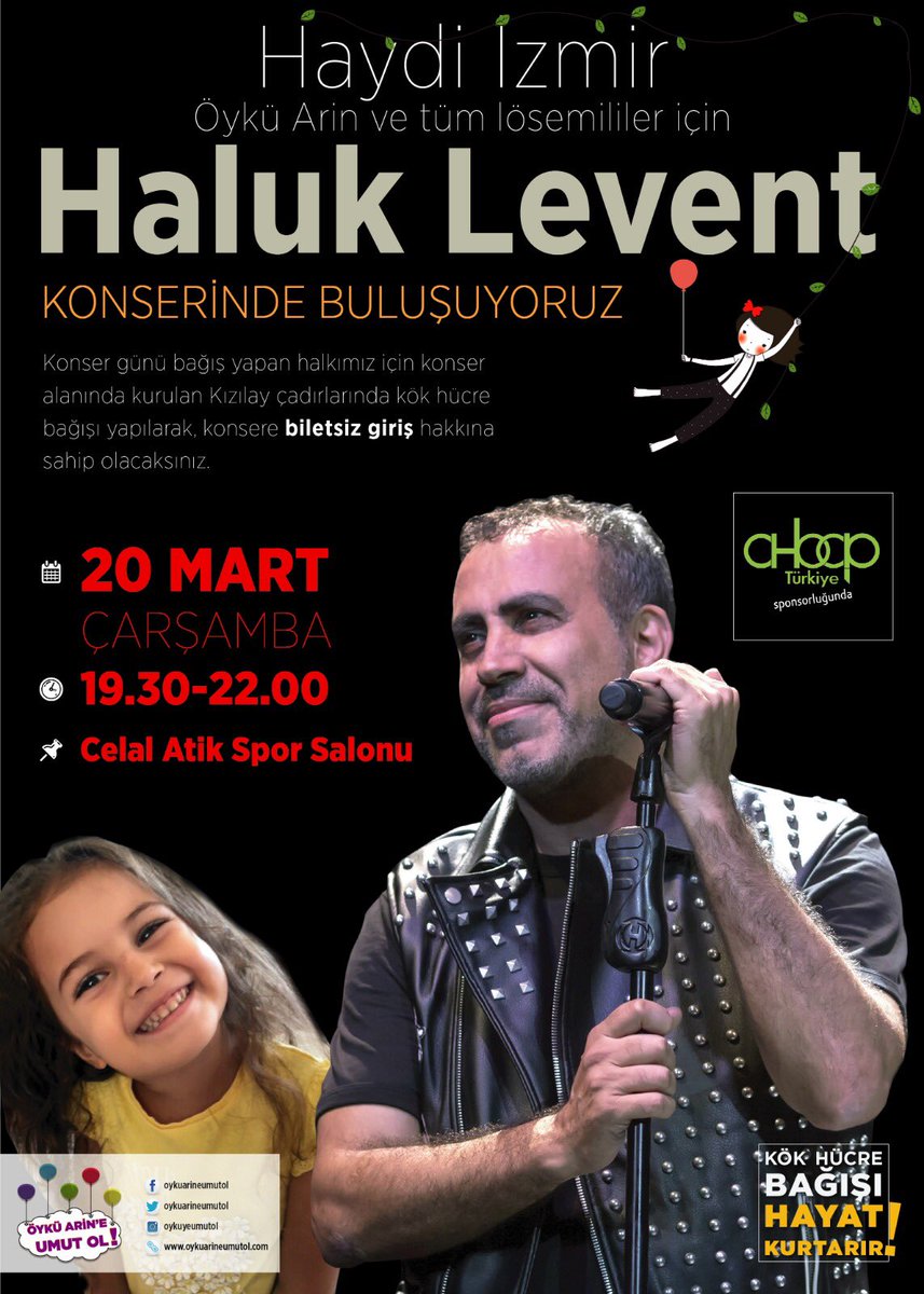 Evet duyurumuz şu;
Öykü Arin için zamanımız daralıyor. Onun için Baran için Ufuk ve nice ilik bekleyenler için.
Dünyada bir ilki gerçekleştirme kararı aldık.
20 Mart’ta İzmir’de AHBAP sponsorluğunda konser vereceğiz.
Sadece kök hücre bağışı yapanlar konsere ücretsiz girebilecek.