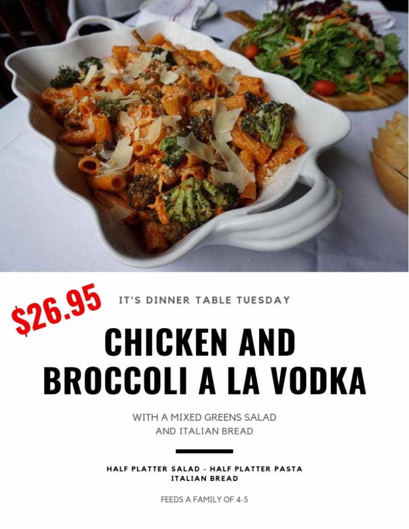 Tonight's dinner is a family favorite. Chicken &amp; Broccoli a la Vodka with a Mixed Greens Salad &amp; Italian Bread. Call &amp; Pickup! #dinnertabletuesday #marrellorestaurants #italianfood conta.cc/2EAcRU5