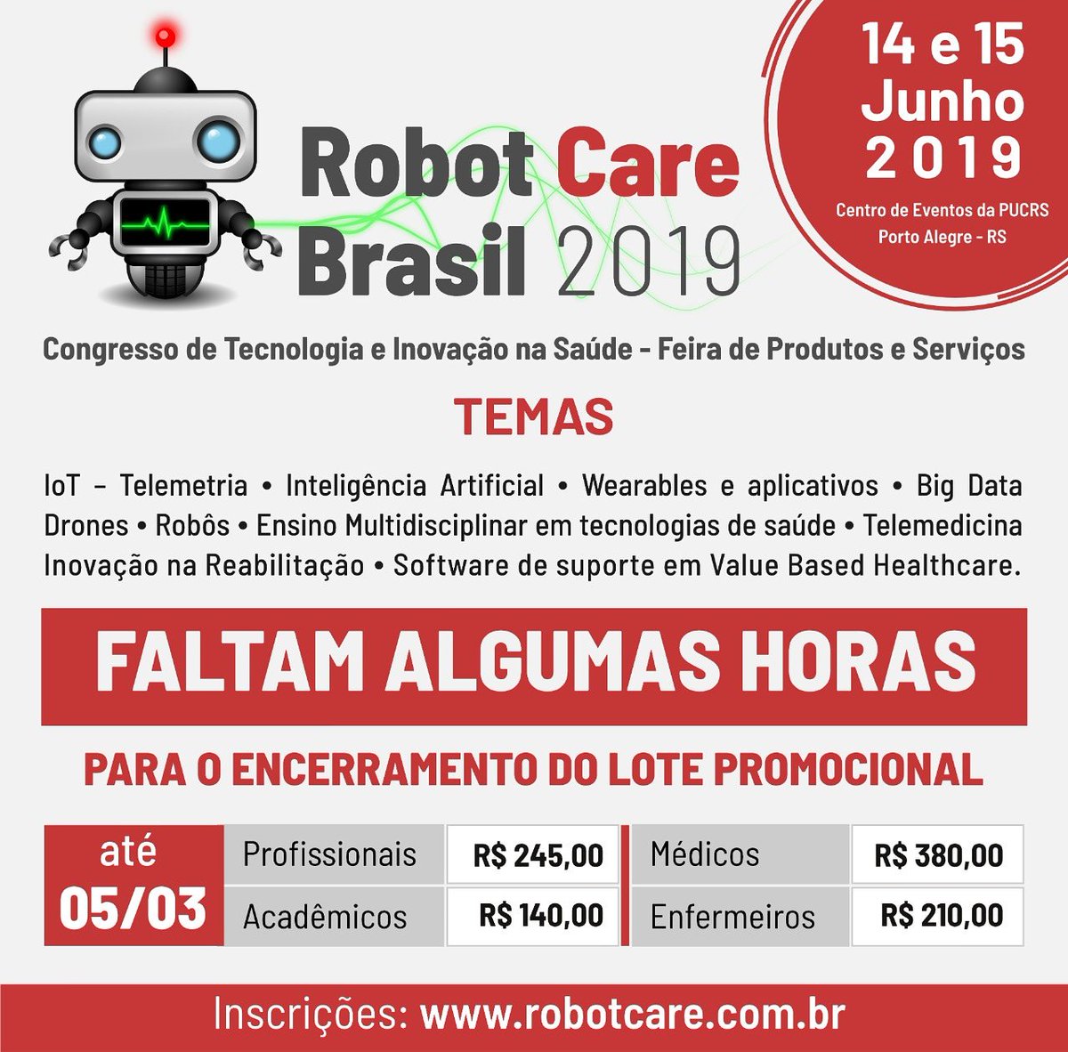 robot_care's tweet photo. Falta pouco tempo para o lote promocional encerrar! E aí, vai perder o desconto?
Acesse o site e inscreva-se: https://t.co/9WLFzLeeRh

#tecnologies #innovation #telemedicine #Congress 
#robotcare https://t.co/qEiJFkU6tY