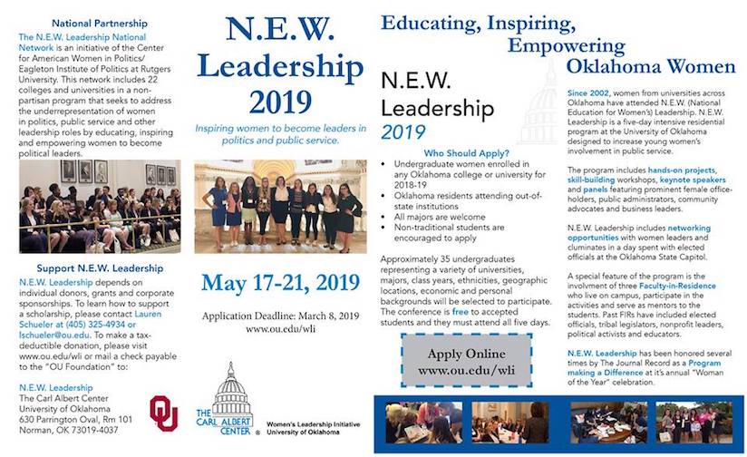 OU undergrad women: submit your application now for National Education for Women's (N.E.W.) Leadership 2019, a 5-day residential program &amp; conference which includes workshops, speakers &amp; networking. Visit ou.edu/wli by 3/8 to apply for this great, free opportunity!
