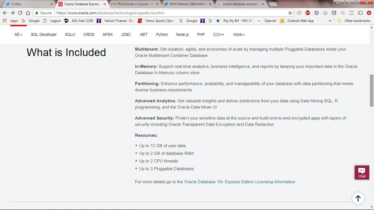 Oracle #Free Database NOW available on #Windows:  Oracle Database 18c Express Edition (18.2) included/ Configs below: @oracleace #ace #aced @IOUG @ODTUG #autonomous  #OracleDatabase #OrclAPEX @ViscosityNA @oracledatabase @Oracle @OraclePress #OOW18 #Oracle
oracle.com/database/techn…