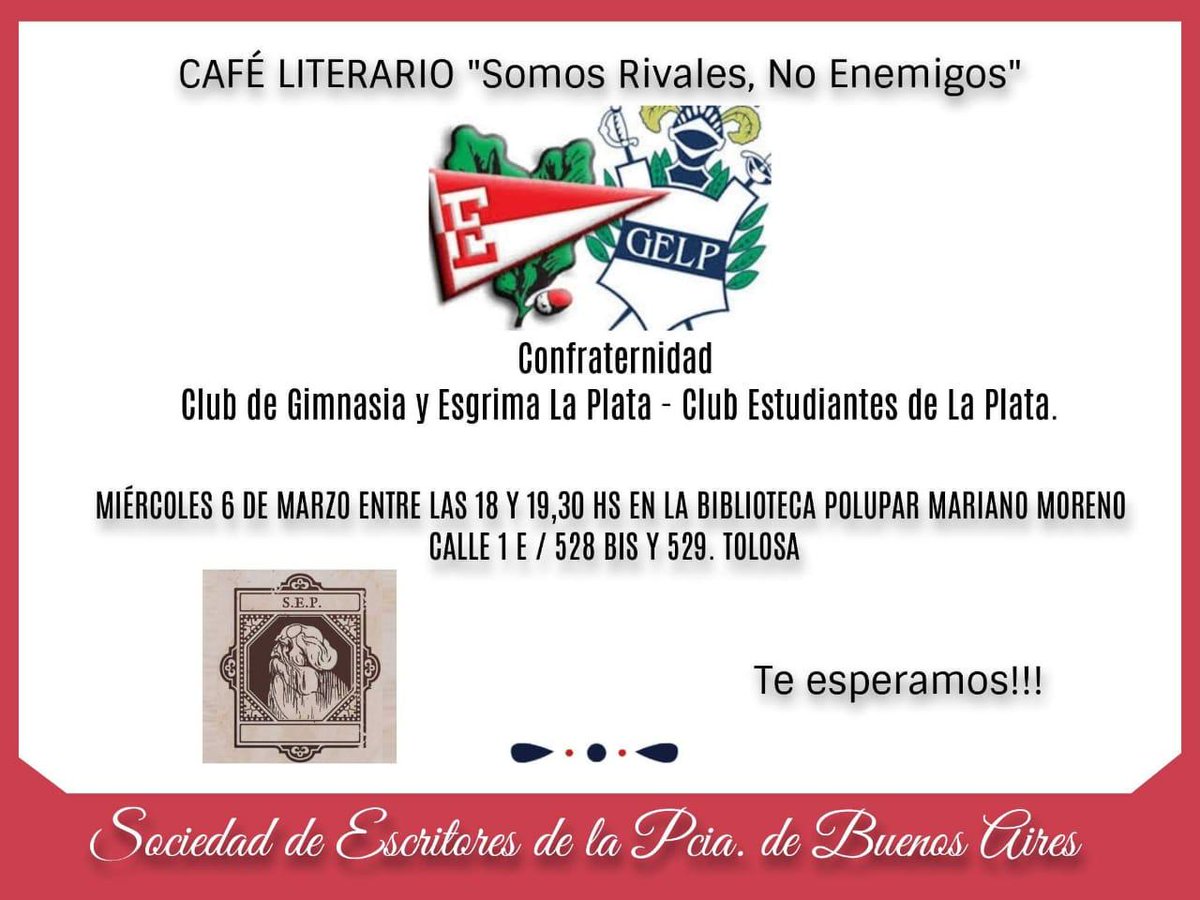 elTitaMerello's tweet photo. #Mañana 
La Sociedad de Escritores de la Provincia de Buenos Aires, organiza un café literario en la Biblioteca Mariano Moreno y nos invitan a todos. 
"Somos rivales, no enemigos" ❤💙❤💙 https://t.co/7B2M7CtH44