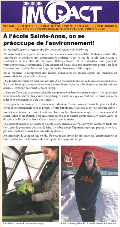 PACnb_org's tweet photo. [À lire et à partager] À l'@ESAction, on se préoccupe de l'environnement! À lire en p.5 de l'@acadienouvelle. #projetpac #PACnb https://t.co/dV8au8l0i6