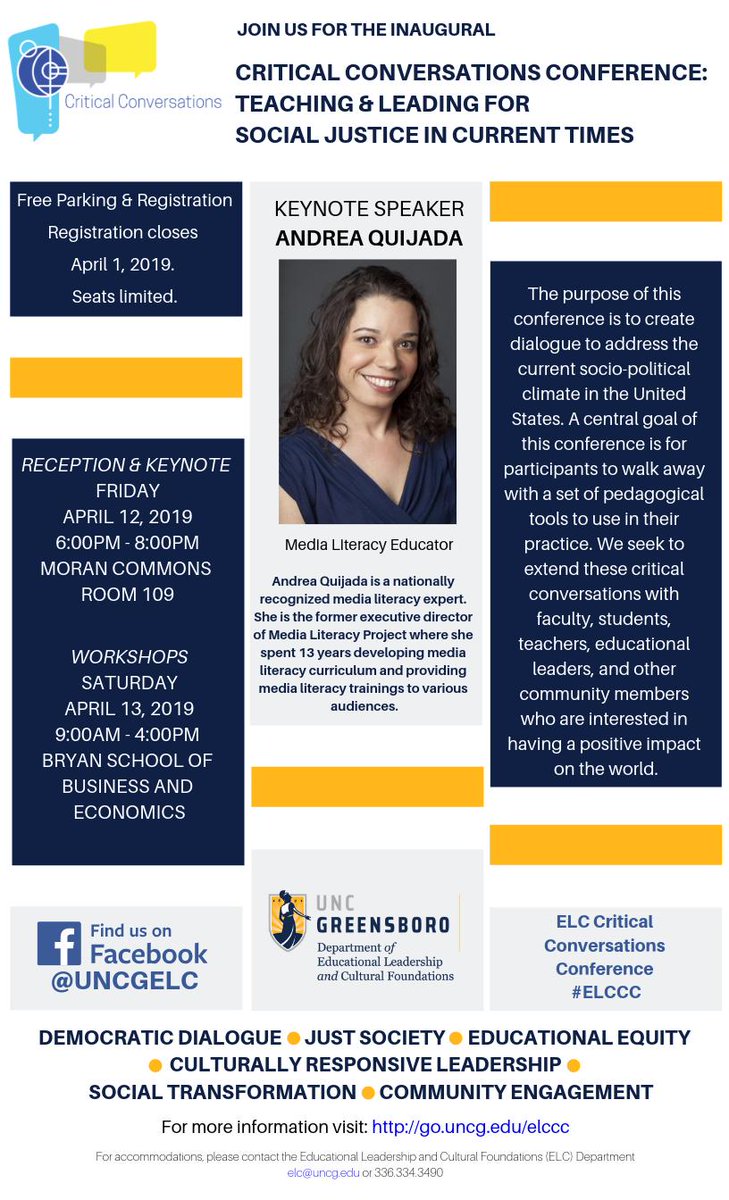 UNCGSchoolofEdu's tweet photo. Join us for the inaugural Critical Conversations Conference: Teaching &amp; Leading for Social Justice in Current Times, April 12-13, sponsored by the Dept. of Educational Leadership and Cultural Foundations! Learn more and register here: https://t.co/fbsDJlatau | @UNCG #ELCCC https://t.co/bGttWrizcR
