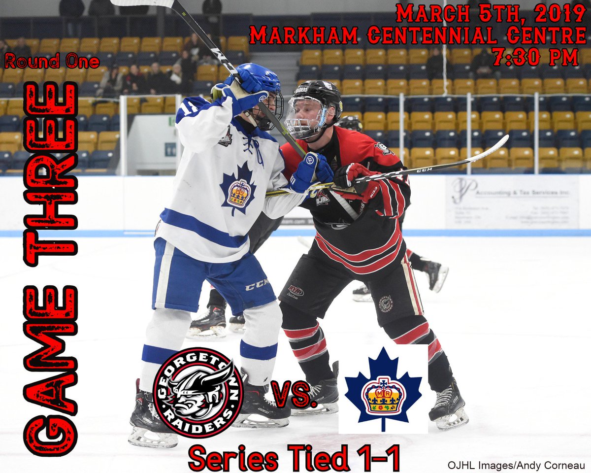 GAME 3 goes tonight Raider Fans! 

Bring the Georgetown crowd to Markham as we look to take the series lead! 

Can't make it to the game you can watch it on <a href="/MyHockeyTV/">HockeyTV</a>