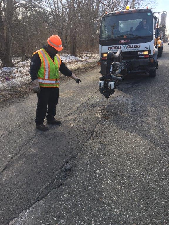nysdotli's tweet photo. The #PotholeKiller was in action along #NY25 #MiddleCountryRoad in @BrookhavenInfo.  It quickly fills the holes, safer for our crews, and keeps us moving.  #WorkZoneSafety https://t.co/196e3f2I1a