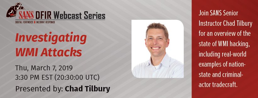 sansforensics's tweet photo. IN TWO DAYS! join @chadtilbury webcast "Investigating  #WMIAttacks". Chad will provide an overview of the state of WMI hacking, including real world examples of nation state and criminal actor tradecraft | March 7, 3:30 pm ET | https://t.co/raTnPWLzhS
#DFIR #ThreatHunting https://t.co/eHNiE1laOt